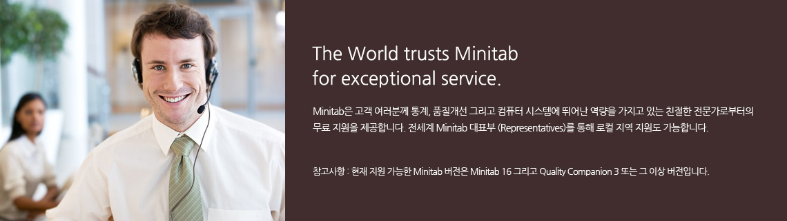 The World trusts Minitab for exceptional service. Minitab  в , ǰ ׸ ǻ ýۿ پ   ִ ģ κ   մϴ.  Minitab ǥ (Representatives)     մϴ. :    Minitab  Minitab 16, Minitab 15, ׸ Quality Companion 3 Ǵ  ̻ Դϴ.